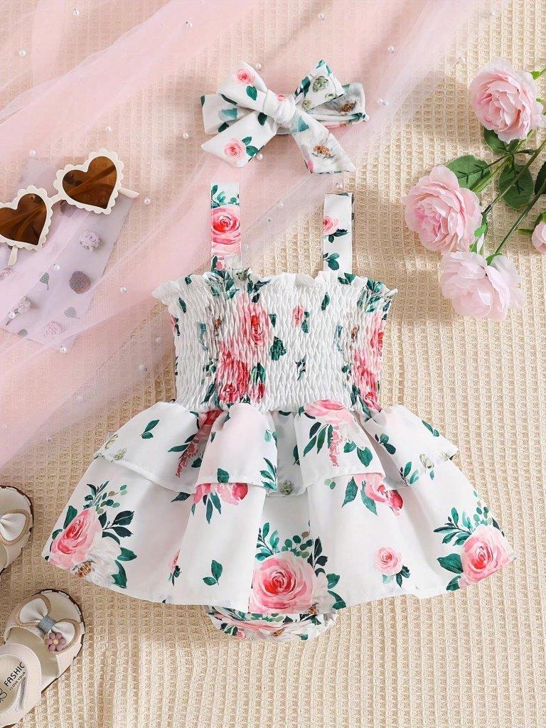 Baby Spaghetti Strap Flower Bodysuit Dress Set