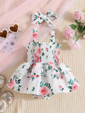Baby Spaghetti Strap Flower Bodysuit Dress Set