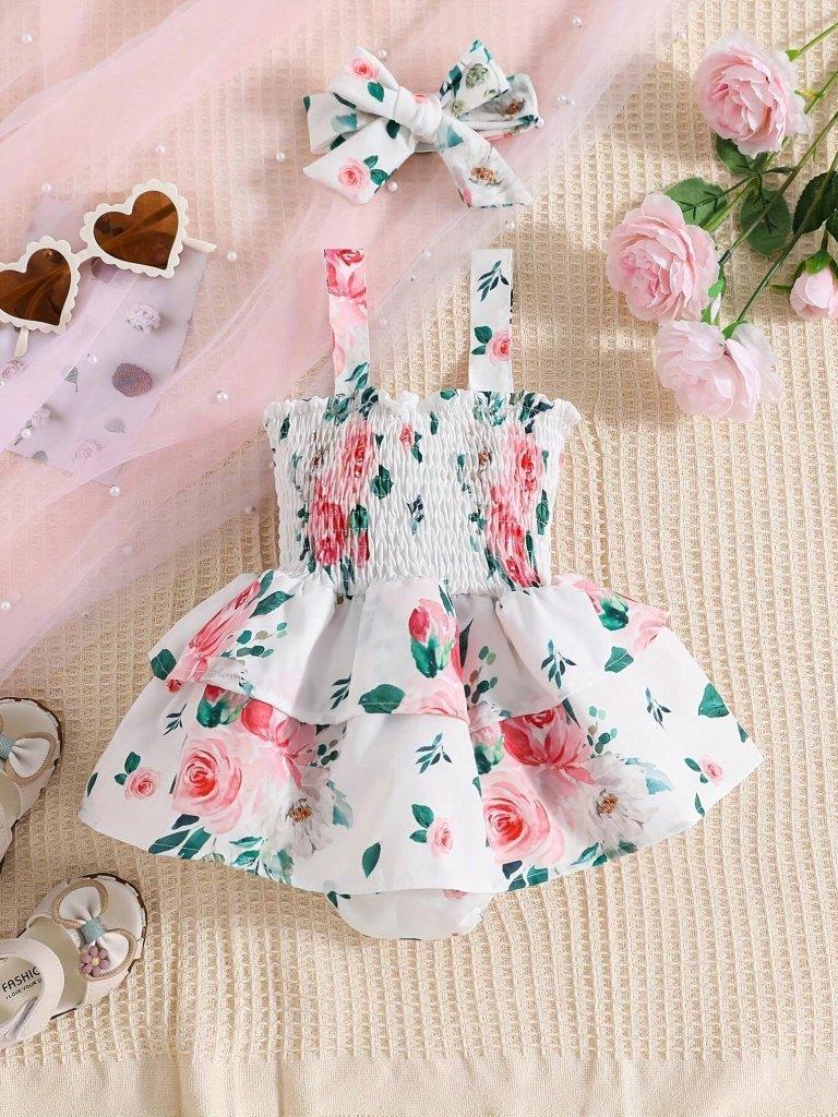 Baby Spaghetti Strap Flower Bodysuit Dress Set