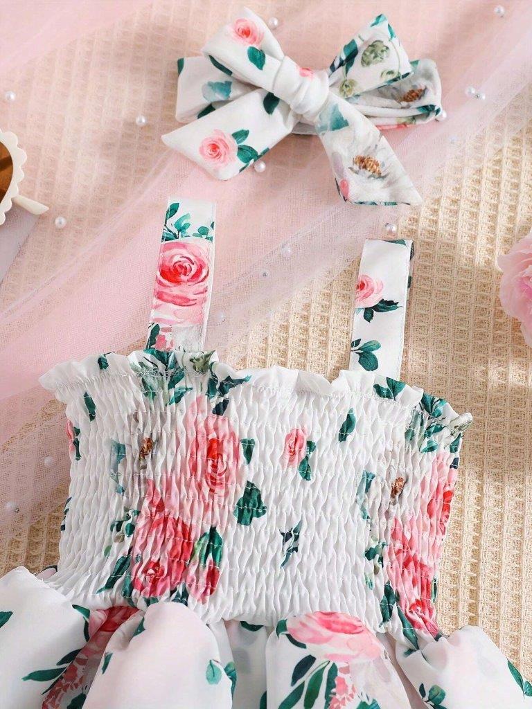 Baby Spaghetti Strap Flower Bodysuit Dress Set