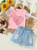 Baby Pink Heart Tee And Denim Shorts Set