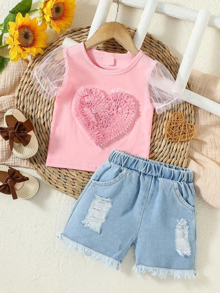 Baby Pink Heart Tee And Denim Shorts Set
