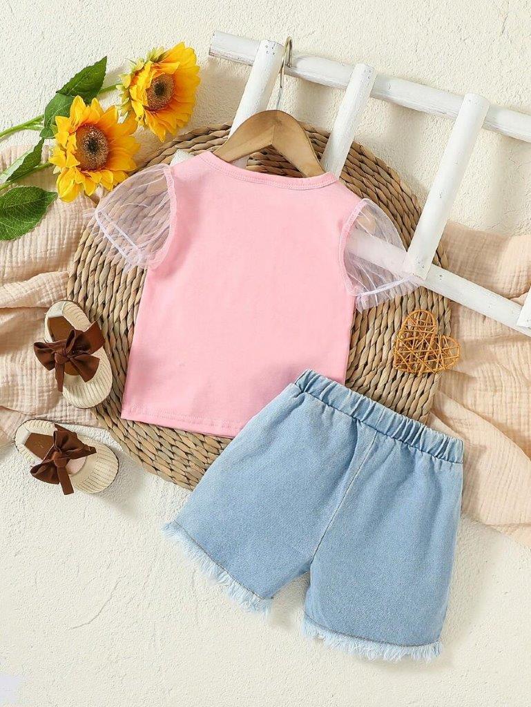 Baby Pink Heart Tee And Denim Shorts Set