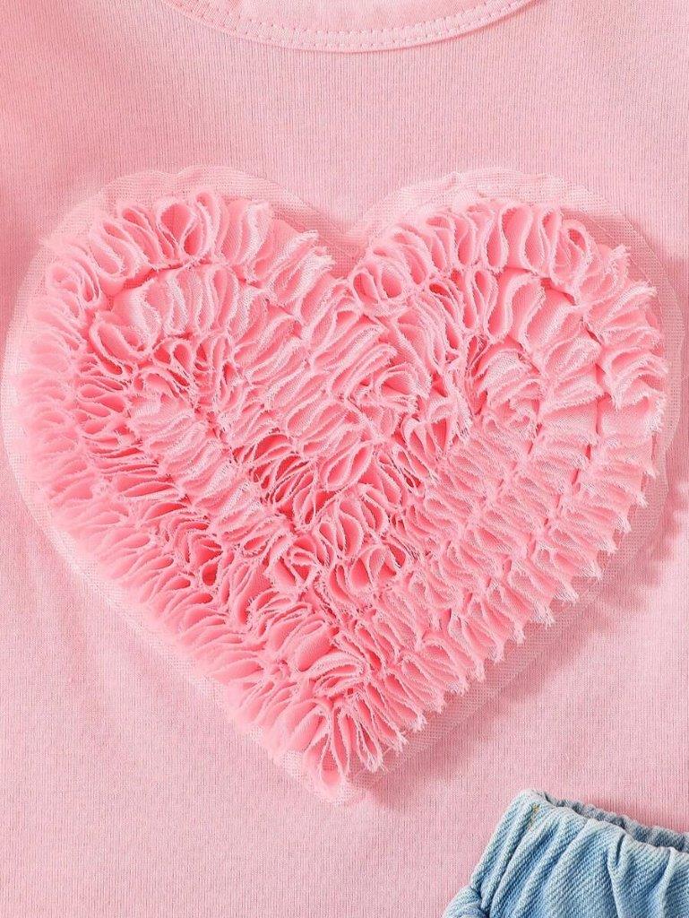 Baby Pink Heart Tee And Denim Shorts Set