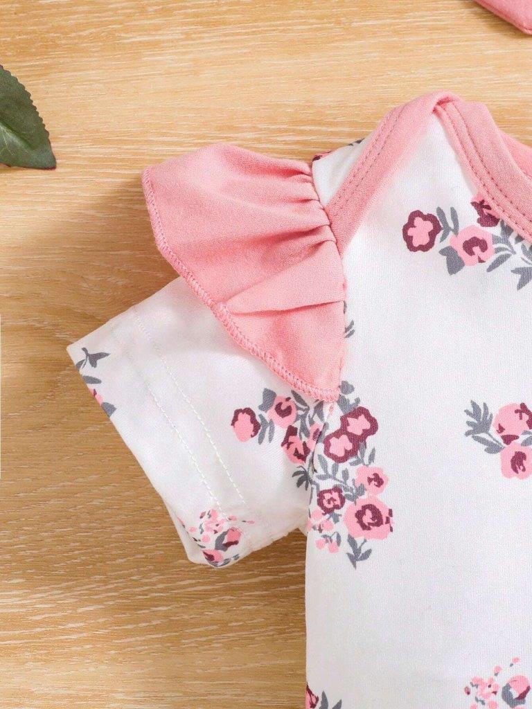 Baby 4 Piece Pink Flower Bodysuit And Pants Set