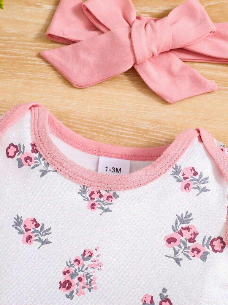 Baby 4 Piece Pink Flower Bodysuit And Pants Set