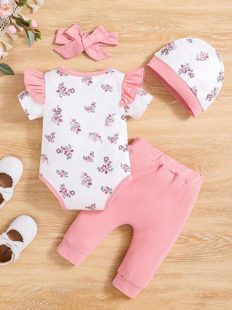 Baby 4 Piece Pink Flower Bodysuit And Pants Set