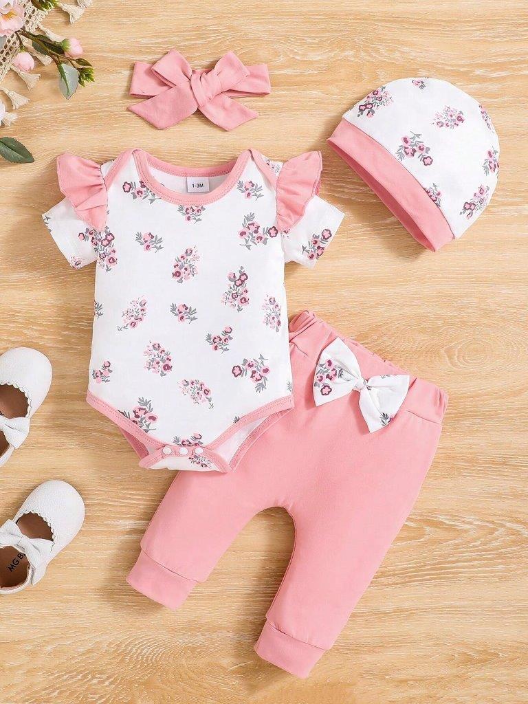 Baby 4 Piece Pink Flower Bodysuit And Pants Set