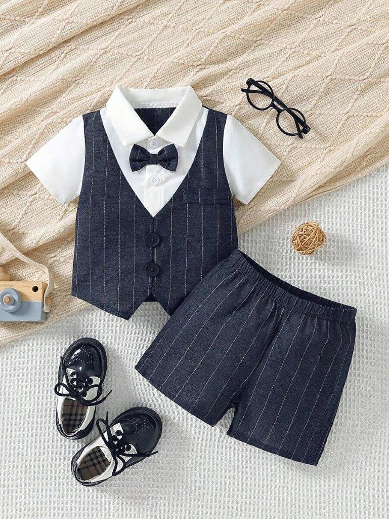 Baby 2 In 1 Bow Tie Stripe Vest And Shorts Set