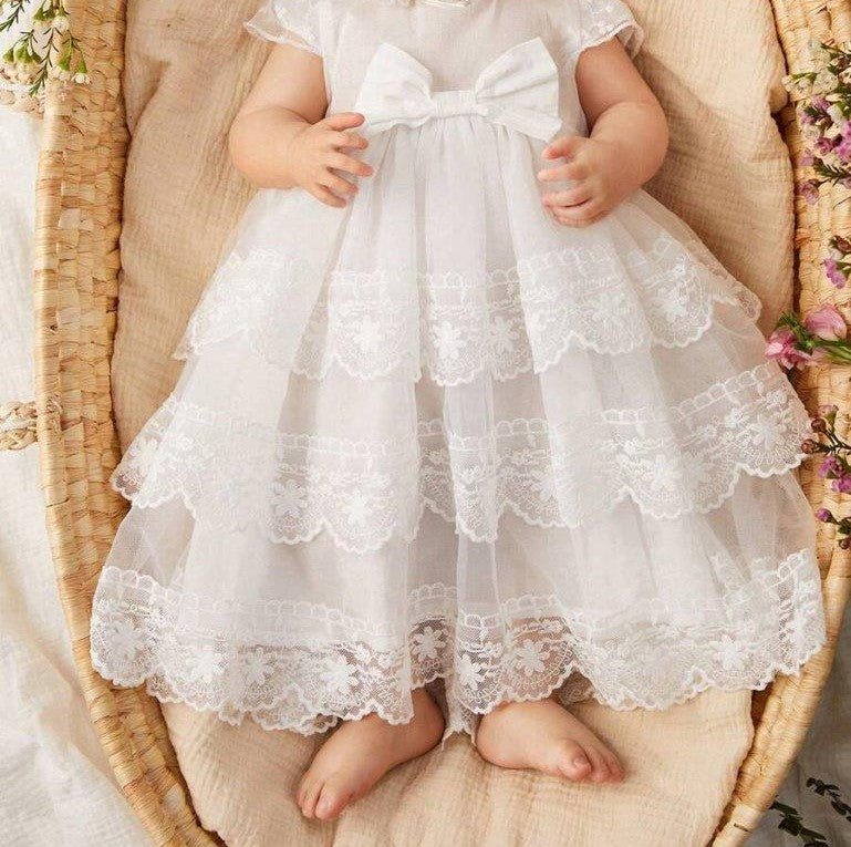 Baby White Elegant Mesh Lace Dress WithHat