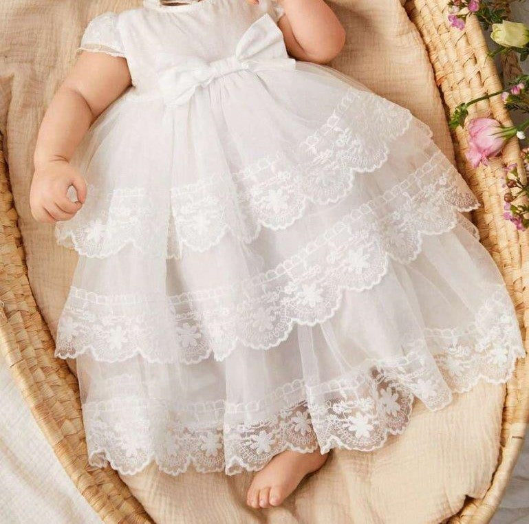 Baby White Elegant Mesh Lace Dress WithHat