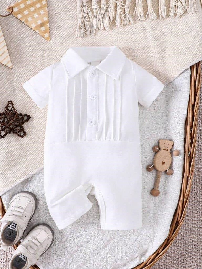 Baby White Solid Pleated Romper