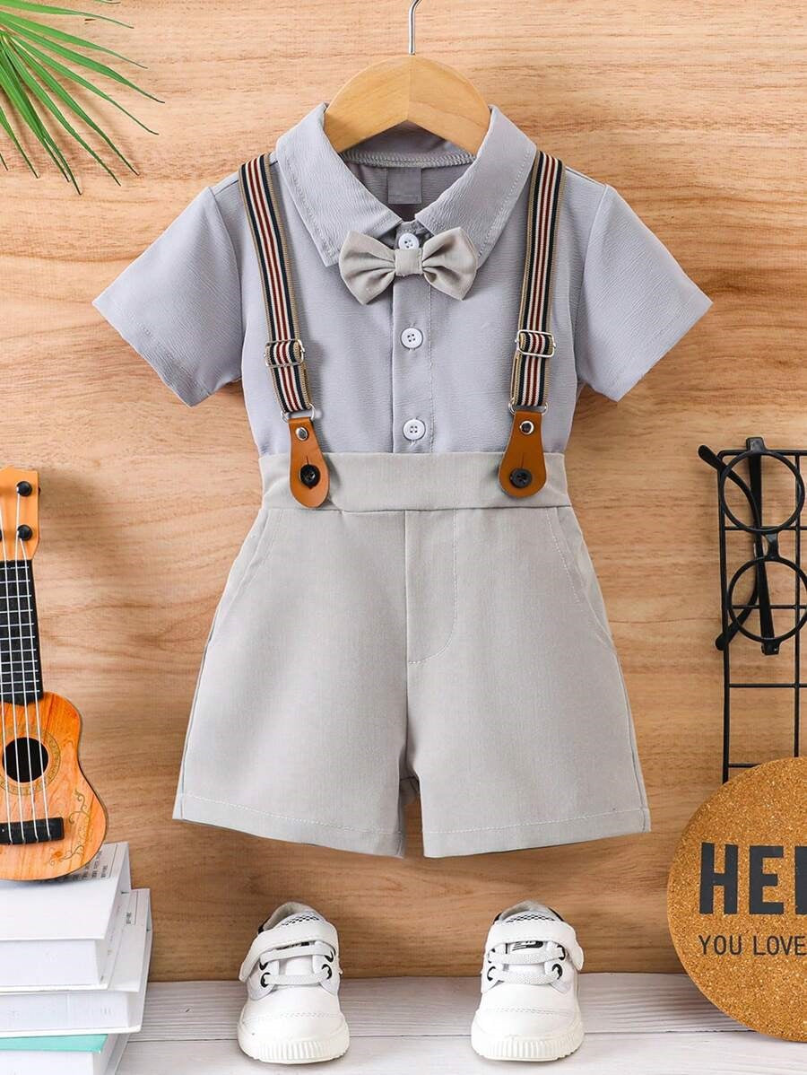 Baby 3 Piece Bow Tie Suspender Shorts Set Grey