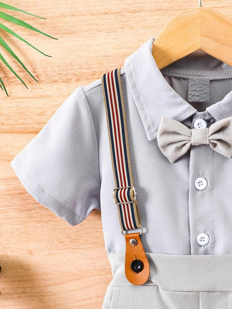 Baby 3 Piece Bow Tie Suspender Shorts Set Grey