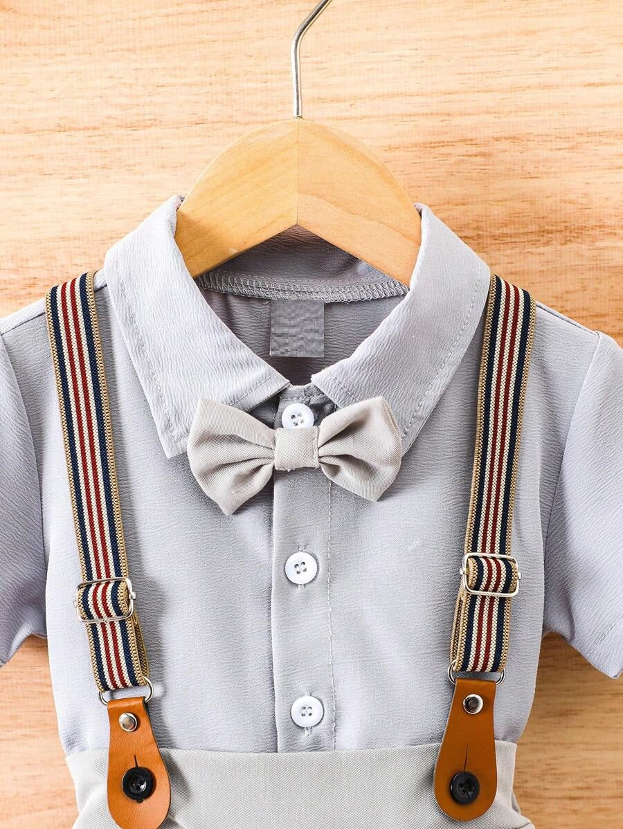 Baby 3 Piece Bow Tie Suspender Shorts Set Grey