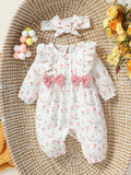 Baby Double Bow Flower Print Romper Set Light Pink