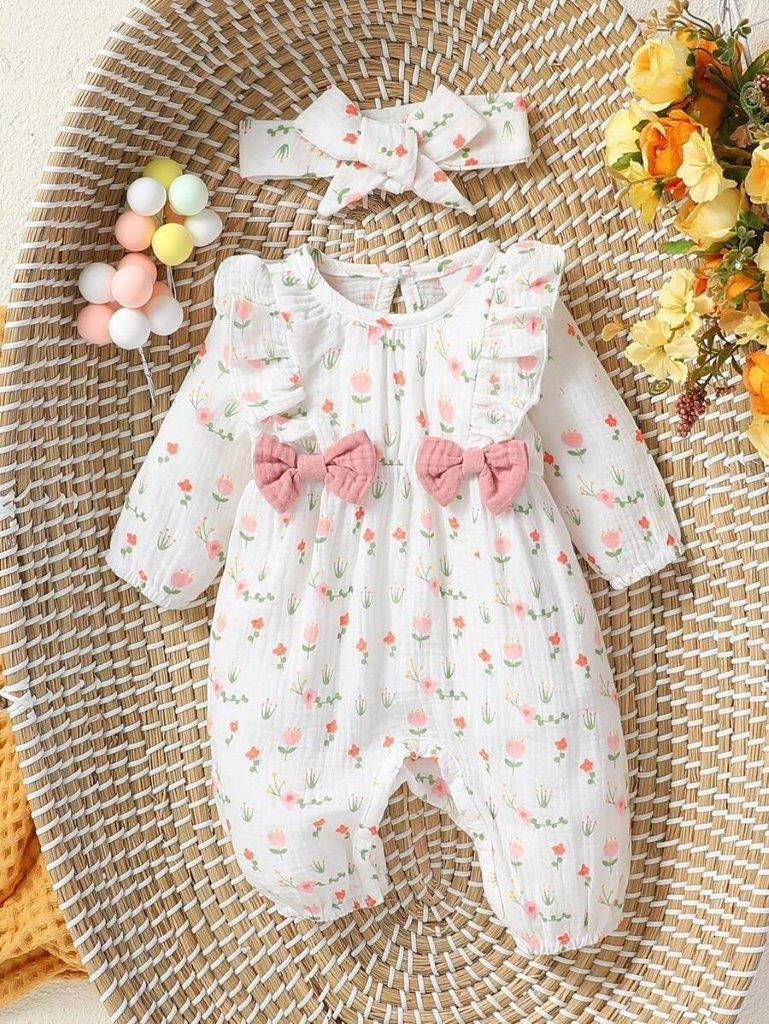Baby Double Bow Flower Print Romper Set Light Pink