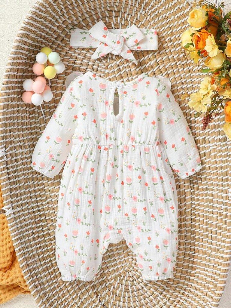 Baby Double Bow Flower Print Romper Set Light Pink