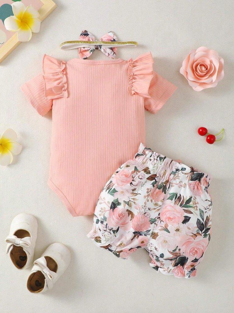 Baby Ribbed Bodysuit And Floral Shorts Set Pink
