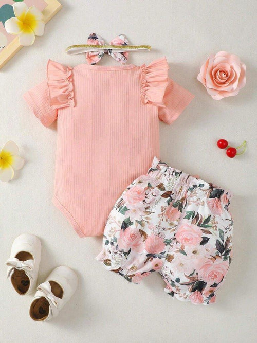 Baby Ribbed Bodysuit And Floral Shorts Set Pink