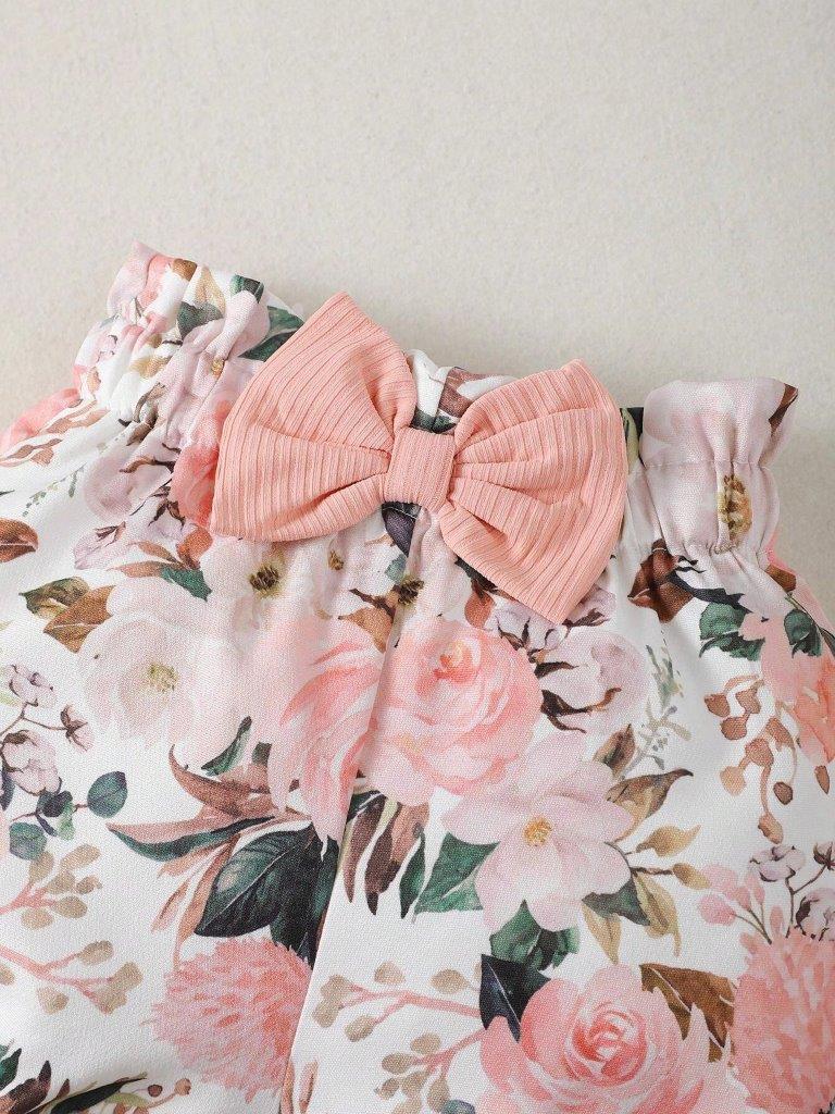 Baby Ribbed Bodysuit And Floral Shorts Set Pink