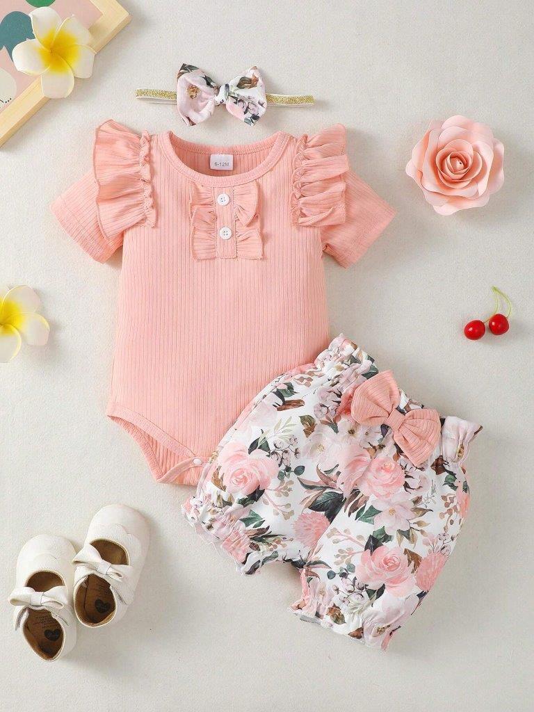 Baby Ribbed Bodysuit And Floral Shorts Set Pink