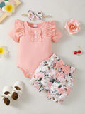 Baby Ribbed Bodysuit And Floral Shorts Set Pink
