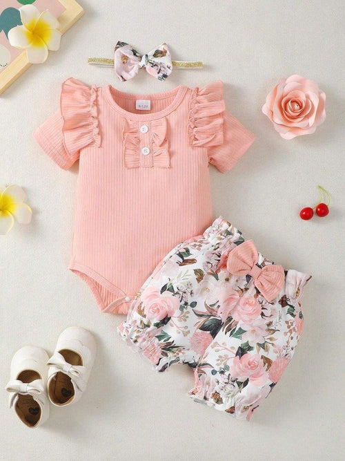 Baby Ribbed Bodysuit And Floral Shorts Set Pink