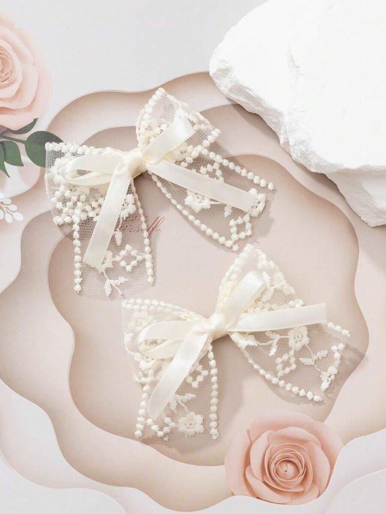 2 Piece Silk Ribbon Hair Clips Set Beige