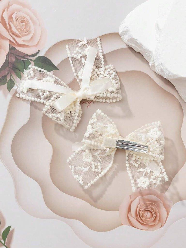 2 Piece Silk Ribbon Hair Clips Set Beige