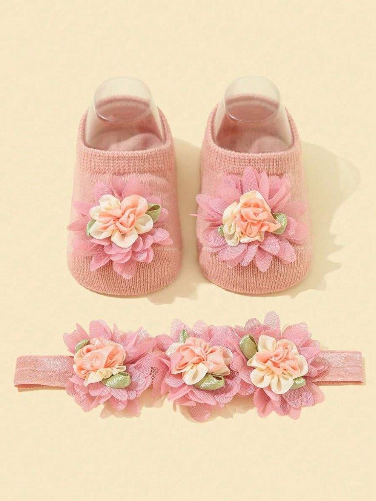 Baby Pink Flower Decor Socks With Headband