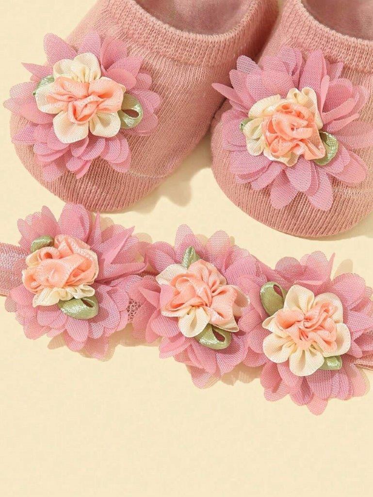 Baby Pink Flower Decor Socks With Headband