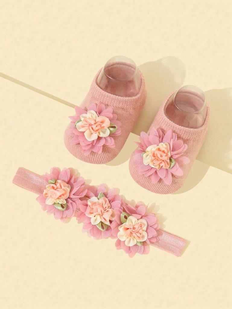 Baby Pink Flower Decor Socks With Headband