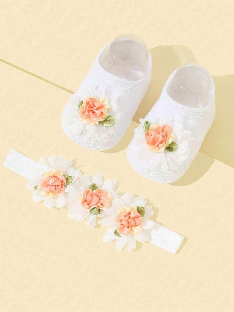 Baby White Flower Decor Socks With Headband