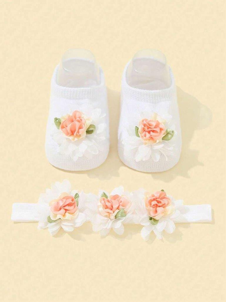 Baby White Flower Decor Socks With Headband