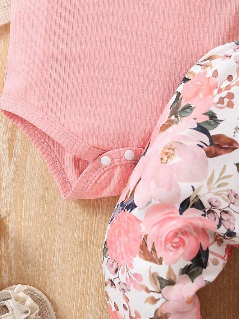 Baby Ribbed Bodysuit And Floral Pants Set Pink