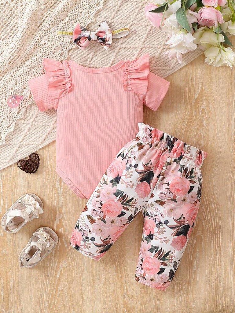 Baby Ribbed Bodysuit And Floral Pants Set Pink