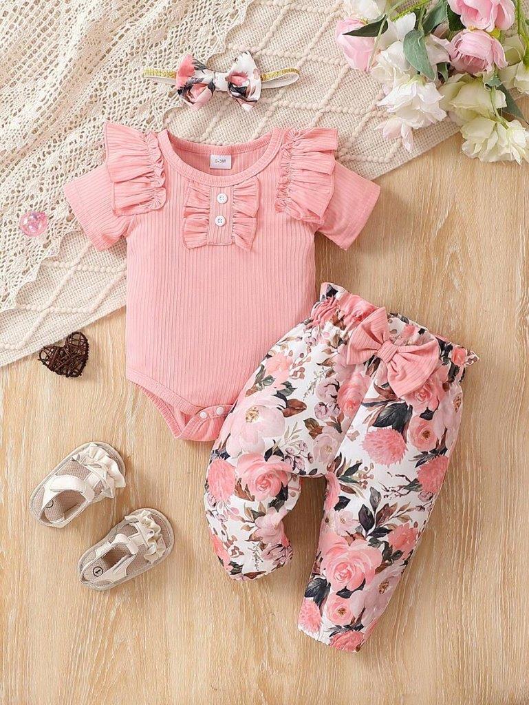 Baby Ribbed Bodysuit And Floral Pants Set Pink