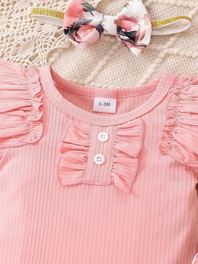 Baby Ribbed Bodysuit And Floral Pants Set Pink