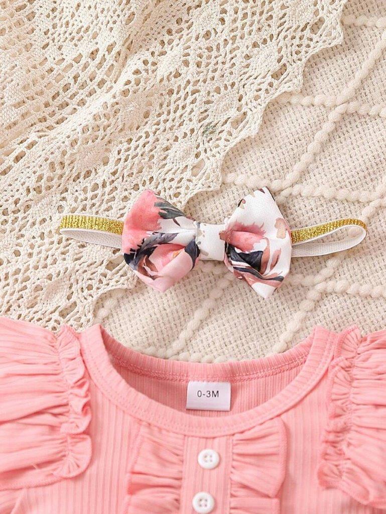 Baby Ribbed Bodysuit And Floral Pants Set Pink