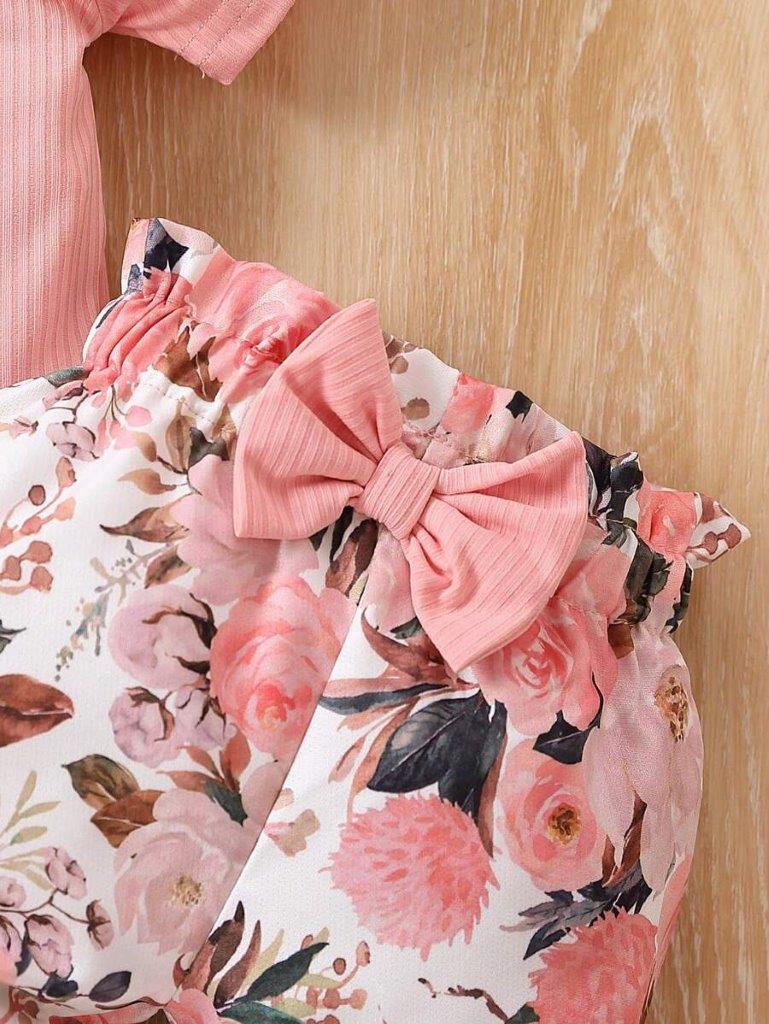 Baby Ribbed Bodysuit And Floral Pants Set Pink