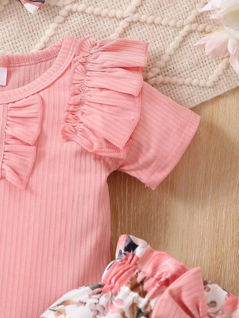 Baby Ribbed Bodysuit And Floral Pants Set Pink
