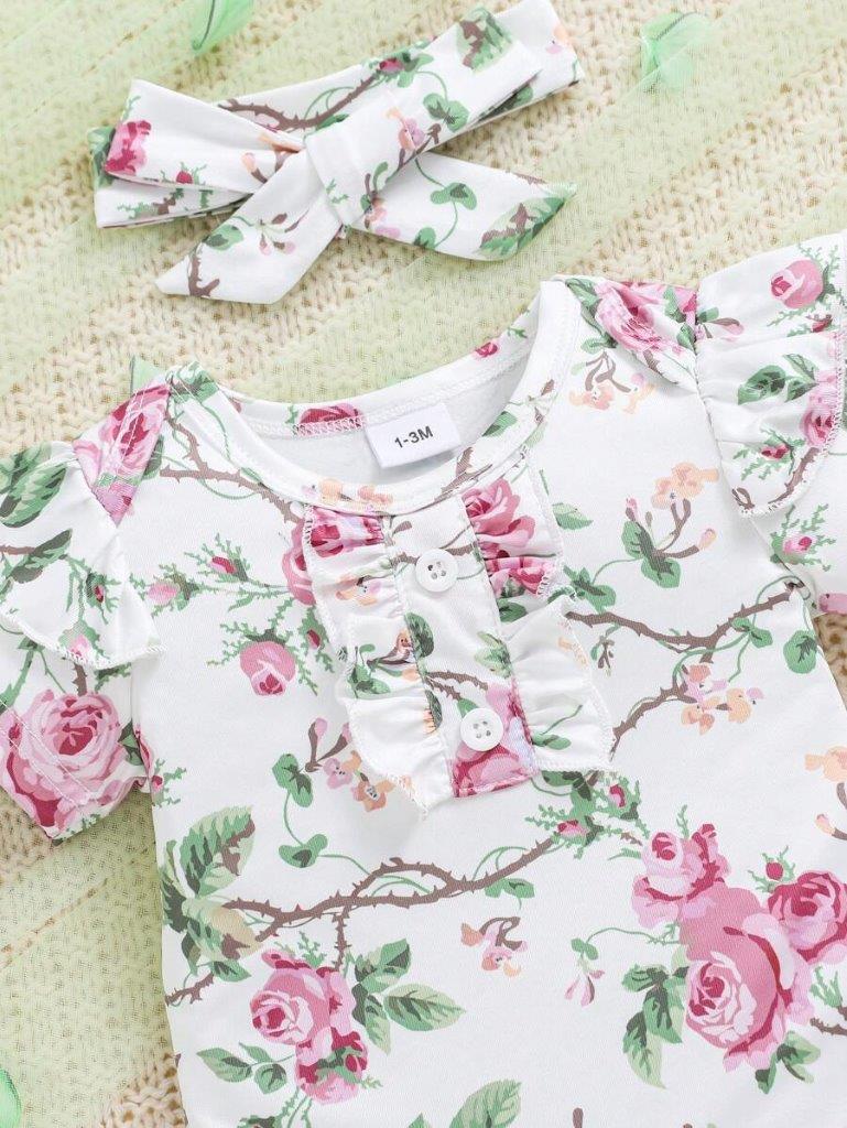 Baby Floral Ruffle Bodysuit And Pants Set