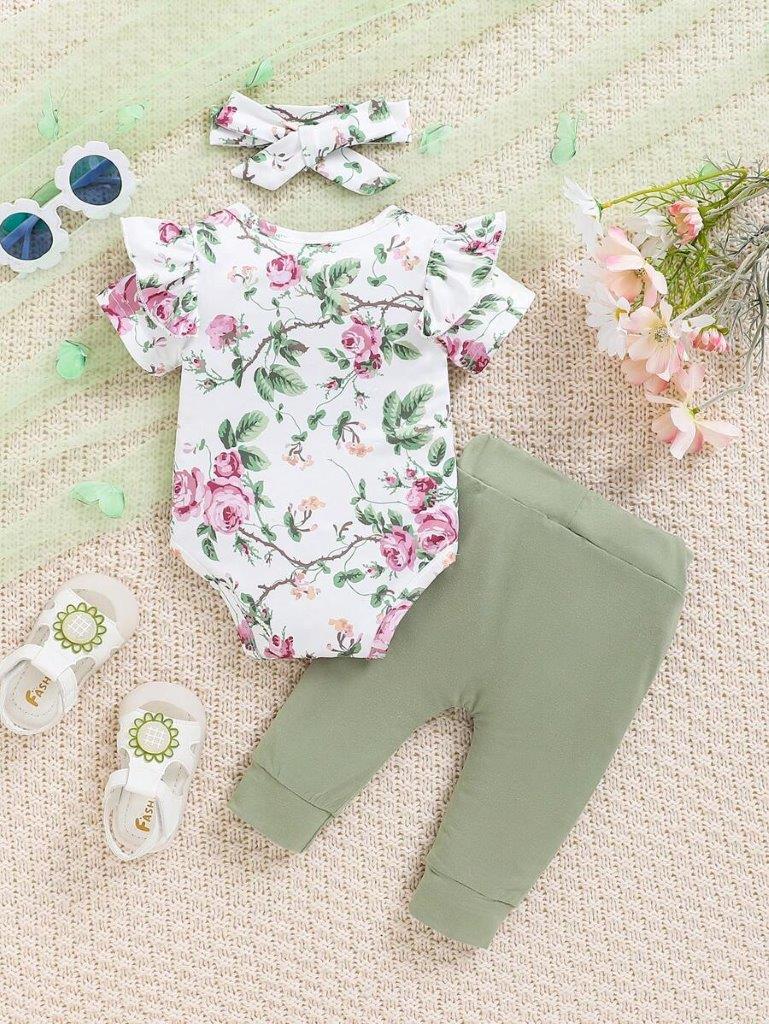Baby Floral Ruffle Bodysuit And Pants Set