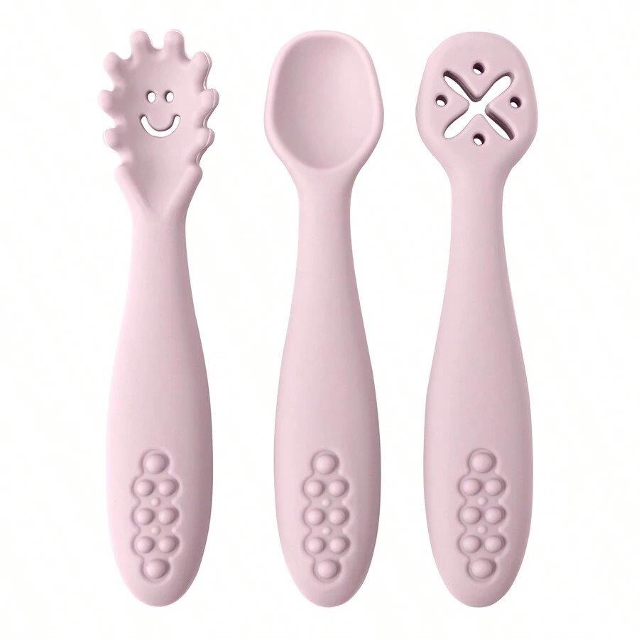 Baby 3 Piece Silicon Spoon Set Baby Pink