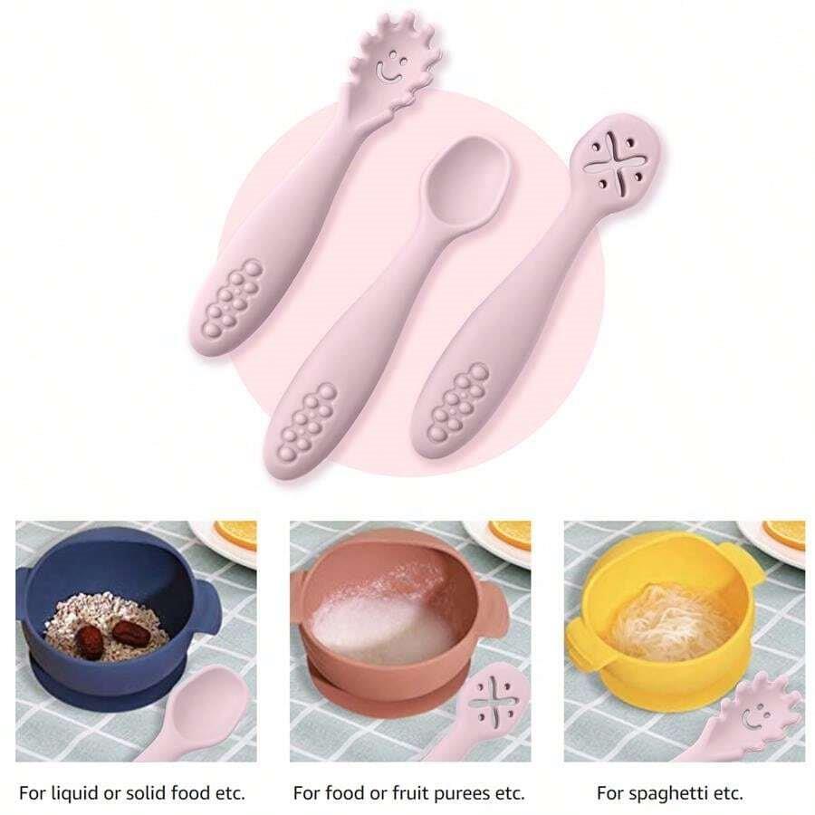 Baby 3 Piece Silicon Spoon Set Baby Pink
