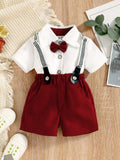 Baby 3 Piece Burgundy Bow Tie Short Sleeve Suspender Set
