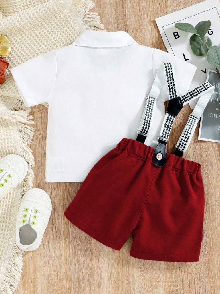 Baby 3 Piece Burgundy Bow Tie Short Sleeve Suspender Set