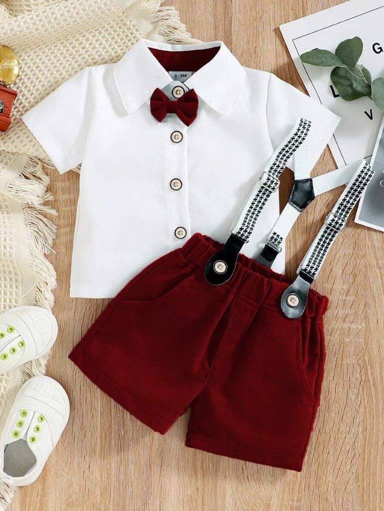 Baby 3 Piece Burgundy Bow Tie Short Sleeve Suspender Set