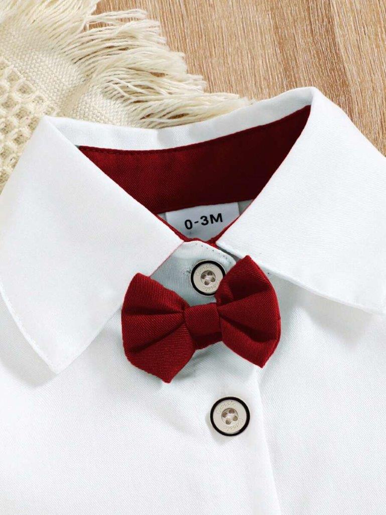 Baby 3 Piece Burgundy Bow Tie Short Sleeve Suspender Set